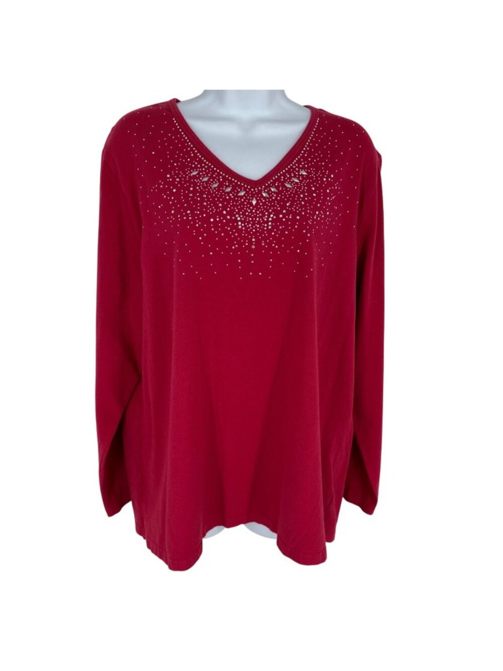 Quacker Factory Womens Red Rhinestone V-Neck Long Sleeve Top XL